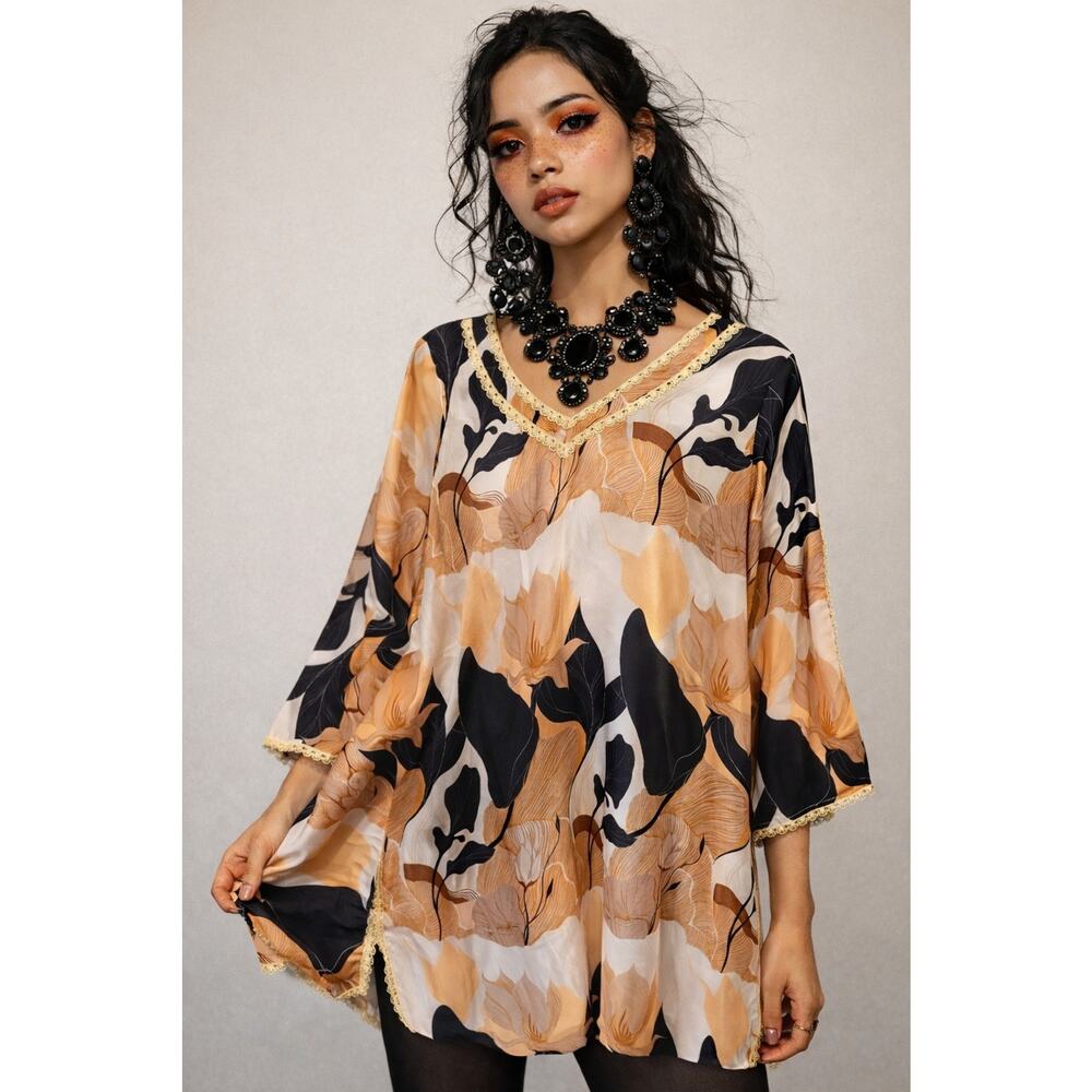 Womens Kaftan Dress BlackGoldBrown Lace Edging Side Vents Boho 70's Art To Wear
